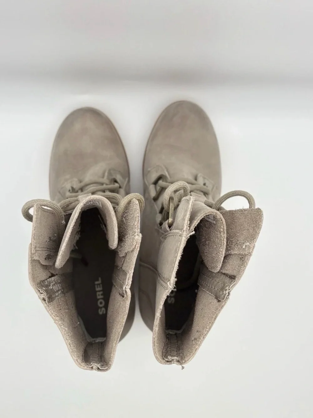 Sorel Taupe Wedge Lace-Up Boots with Gum Sole